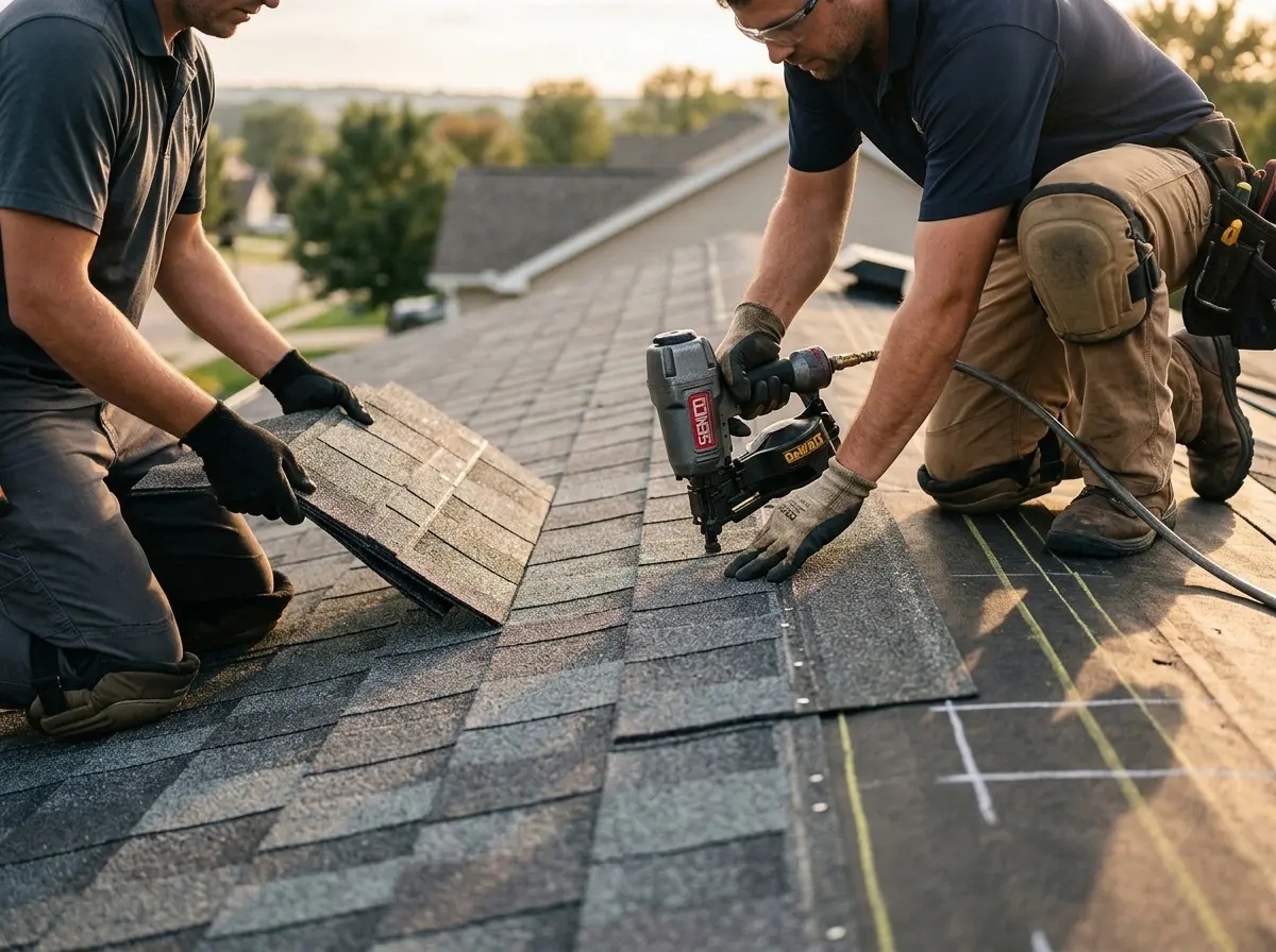 Professional roofer working on a residential roof in Gray